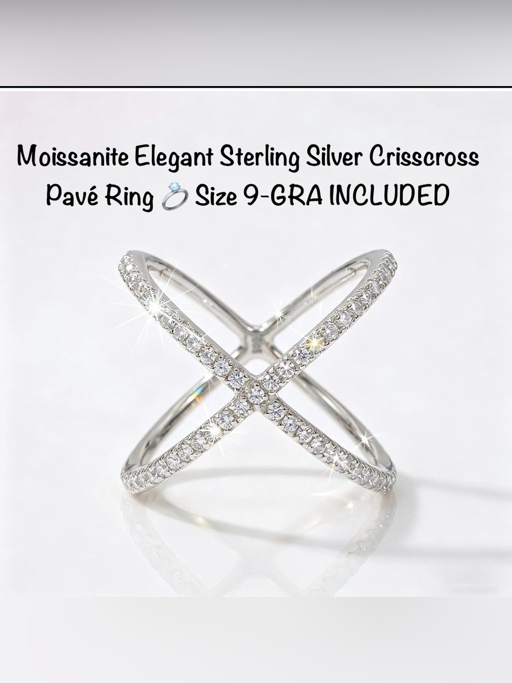 Moissanite Elegant Sterling Silver Crisscross Pavé Ring 💍 Size 9-GRA INCLUDED